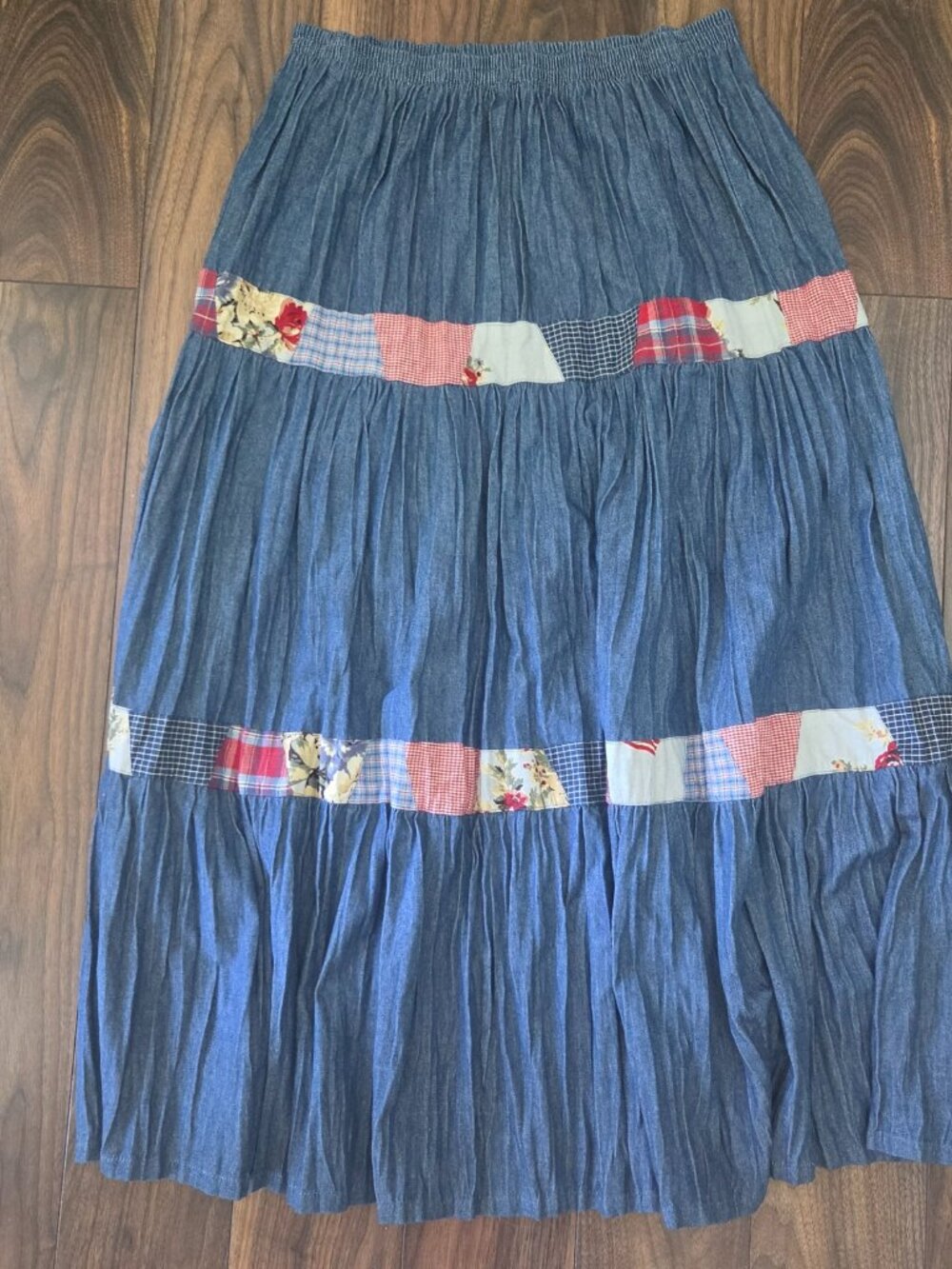 Vintage Koret Tiered Denim and Calico Patchwork Boho Maxi Skirt Size M
